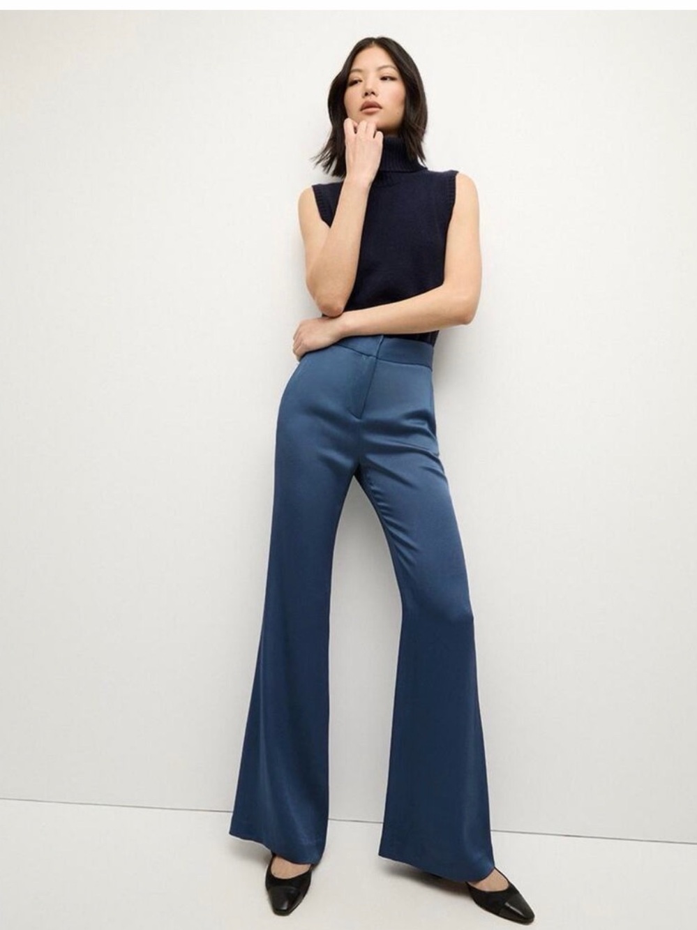 Veronica Beard High Rise Lebone Pants in Blue Stone Silky Satin. READ